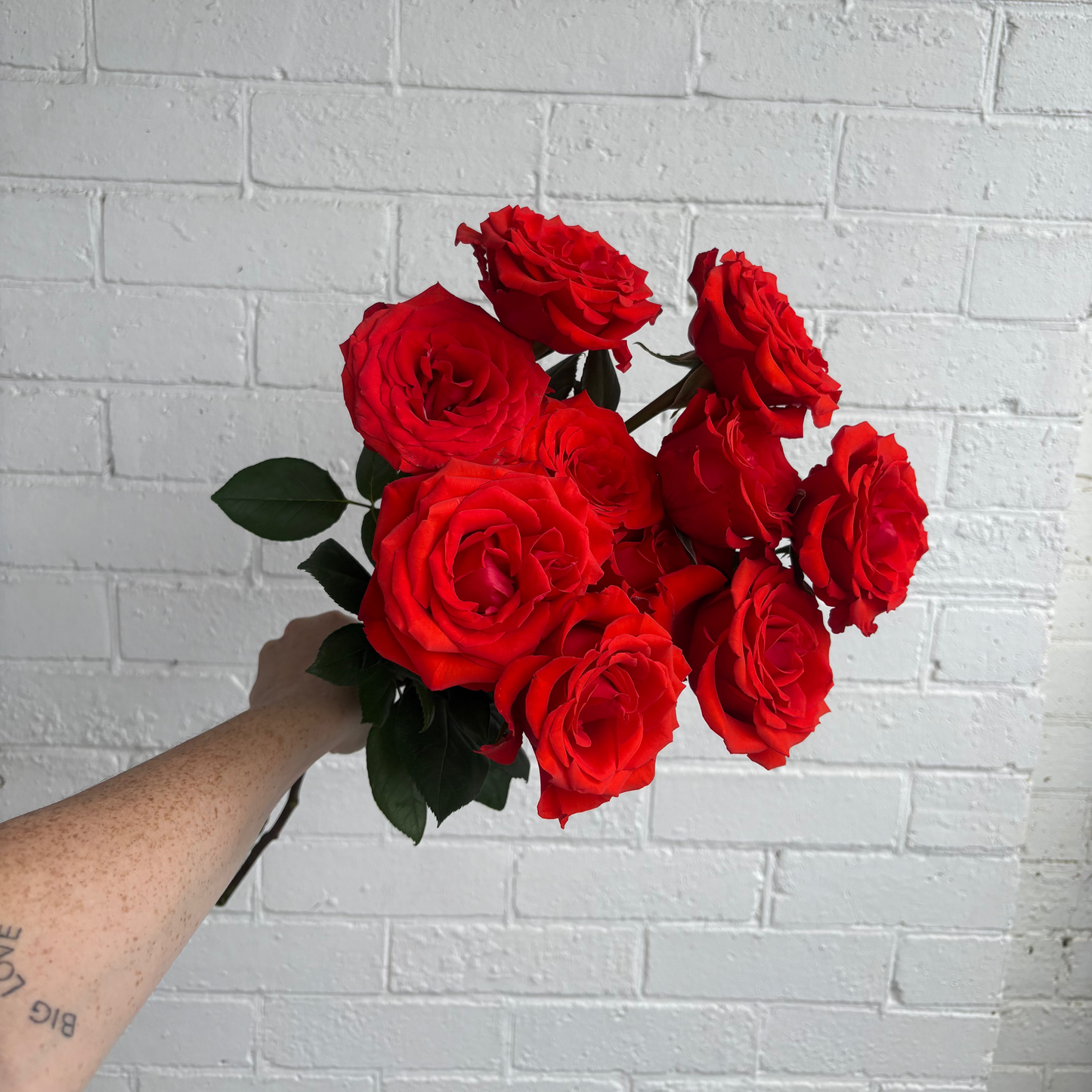 Bouquet of red roses held against a white brick wall