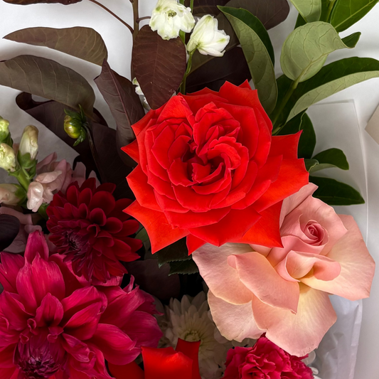 A Valentine's day bouquet of red, pink, and white flowers with green leaves on a white background